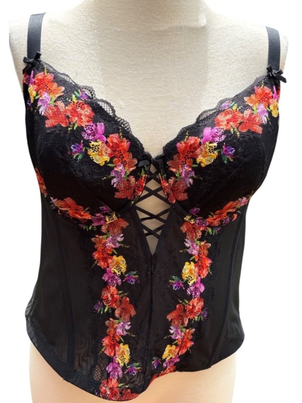 Lace-Up Corset Top Cacique Floral Embroidered Black & Multicolor Size 42DD